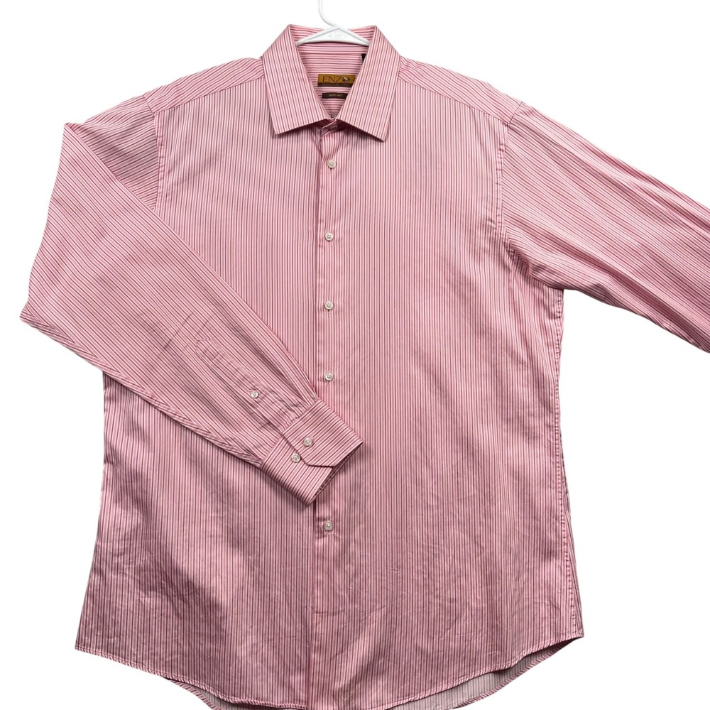 Enzo Tovare Dress Shirt Men 17 36/37 Pink Striped Super Soft Cotton Long Sleeve